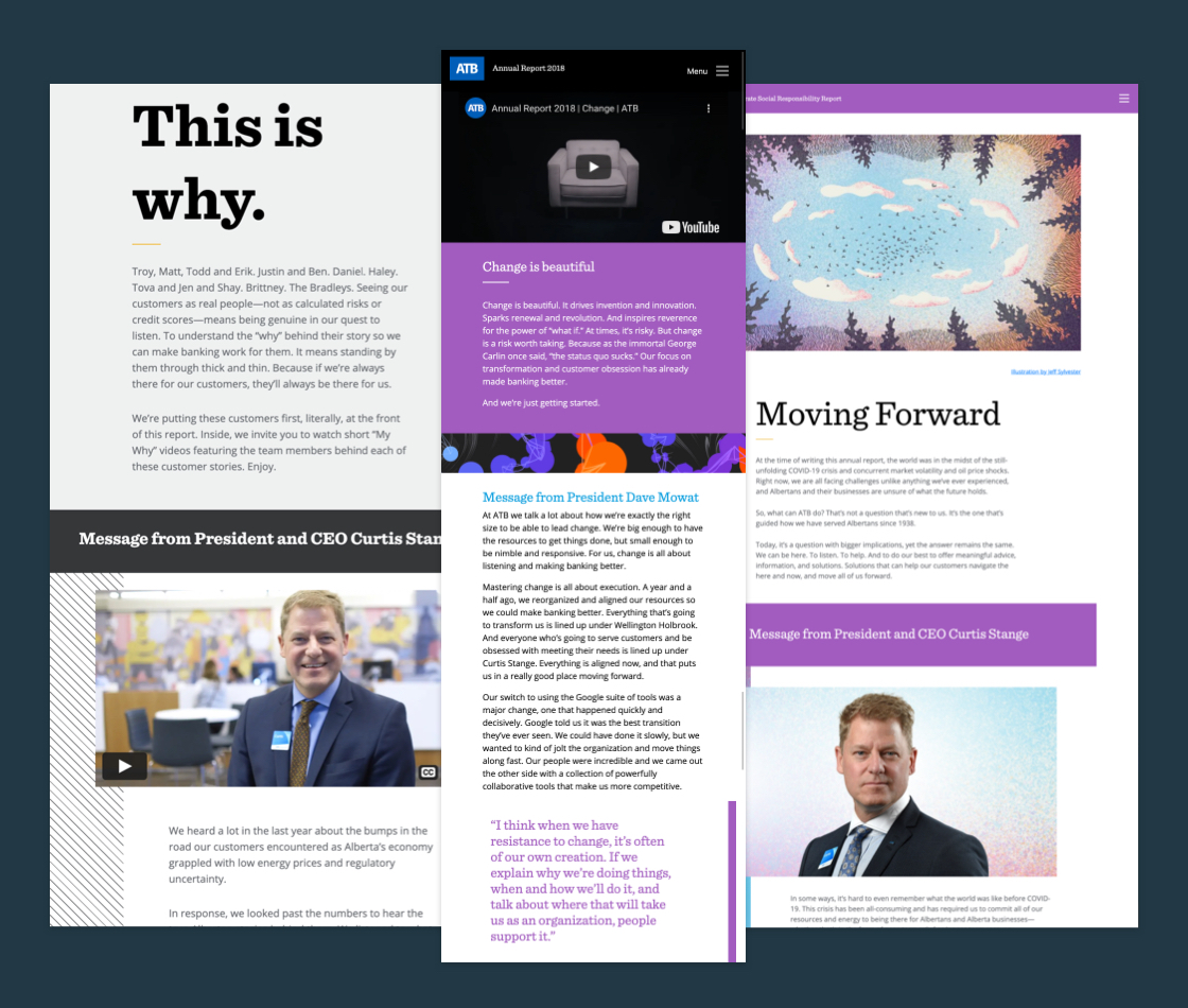 The homepages of each Annual Report from 2018, 2019, and 2020, presented in mobile, tablet, and desktop viewports respectively.