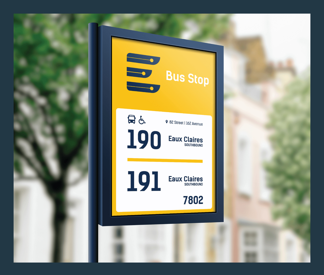 A mockup of a rebranded bus stop for Edmonton Transit, featuring two neighbourhood bus routes as well as additional stop information.