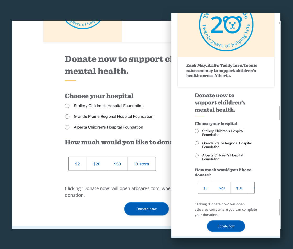 The donation modal used for the Teddy For a Toonie campaign landing page, in both desktop and mobile viewports